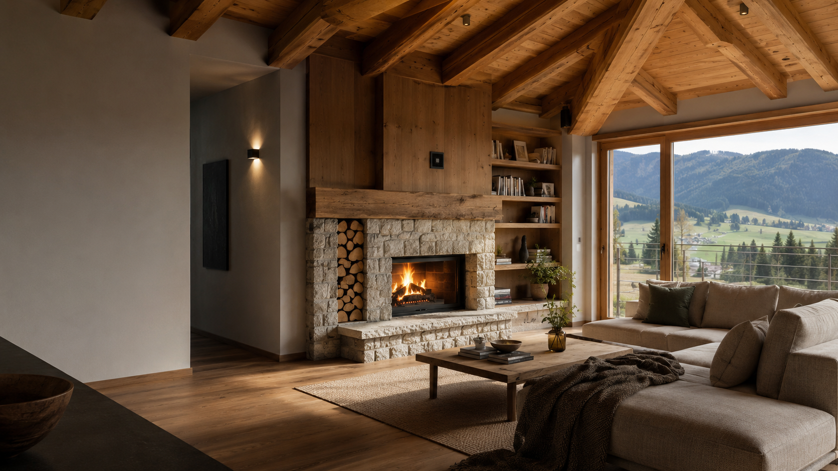 Interno alpino ristrutturato ad Asiago: camino in pietra locale, travi in larice a vista, luce naturale calda